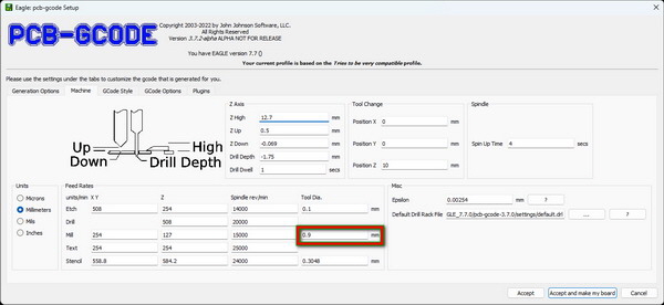 pcb-gcode.ulp - Setup-Dialog Machine
